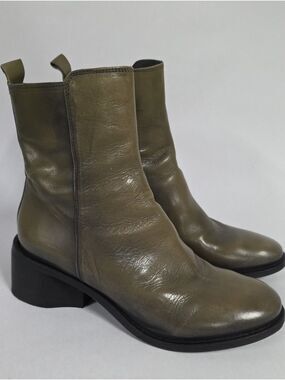 Moma Women’s Italian Leather Agnes Olive Ankle Boots - Side Zipper, Size 9 - 9.5